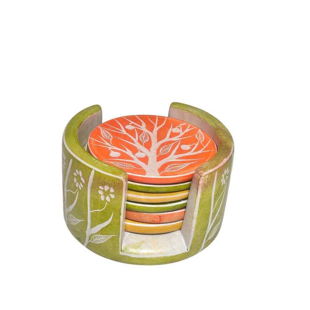 Ten Thousand Villages Orchard Tree Coaster Set Kenya Soapstone Hand Carved 6pc